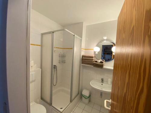 een badkamer met een douche, een toilet en een wastafel bij KULTURGUTLEBEN Boutiquehotel Seminarhaus in Möllenbeck