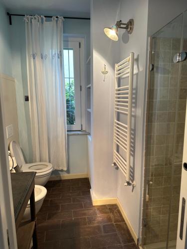 uma casa de banho com um WC e um chuveiro com uma janela em Casa Gelsomino em Forte dei Marmi