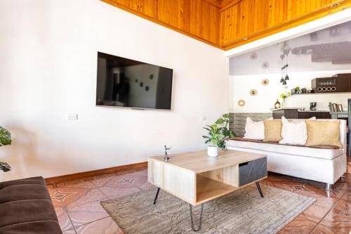 a living room with a couch and a tv at Villa Dreams Irazu in Cartago
