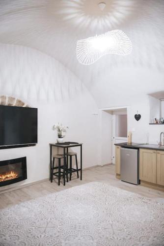 un salon avec une télévision et une cheminée dans l'établissement appartement 2 pièces jacuzzi, à Brioude