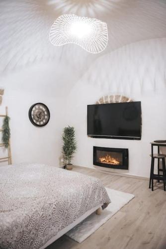 - une chambre avec un lit, une télévision et une cheminée dans l'établissement appartement 2 pièces jacuzzi, à Brioude