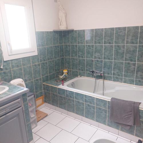 une salle de bain avec une baignoire et un lavabo dans l'établissement HAUT DE VILLA AVEC PISCINE privative ET APPARTEMENT REZ DE CHAUSSEE, à Le Tignet