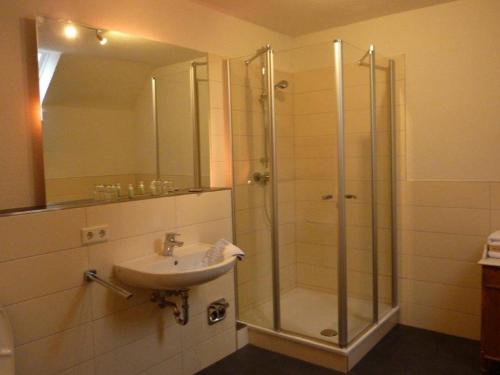 a bathroom with a sink and a glass shower at Niemann's Gasthof in Reinbek