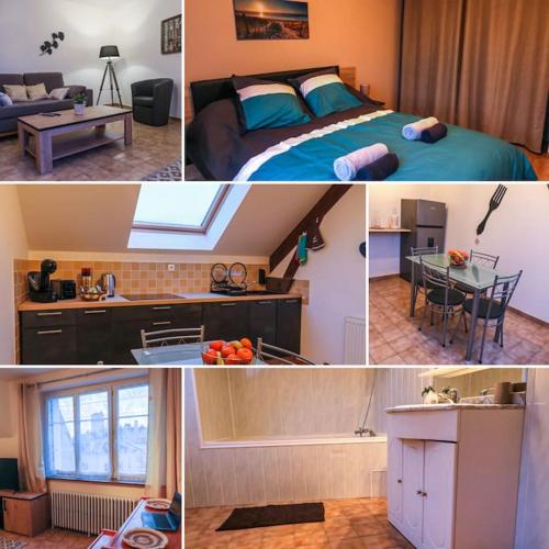 un collage de photos d'une chambre et d'un salon dans l'établissement Le Saint-Cyr, Centre-ville, Cosy, Spacieux, à Issoudun