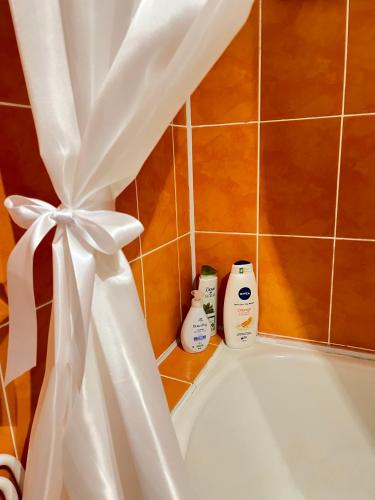a bathroom with a tub with a white shower curtain at Daniela's rooms in Hunedoara