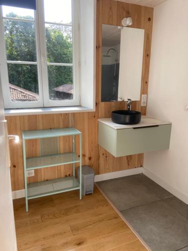 une salle de bain avec un lavabo et un miroir dans l'établissement La demeure landaise, à Linxe