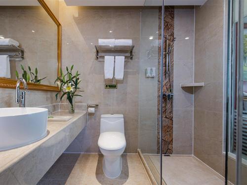 ein Bad mit einem WC, einem Waschbecken und einer Dusche in der Unterkunft Vienna Hotel Jieyang Rongjiangxincheng Store in Jieyang