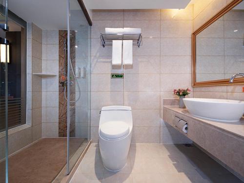 uma casa de banho com um chuveiro, um WC e um lavatório. em Vienna Hotel Yichun Administration Center store em Yichun