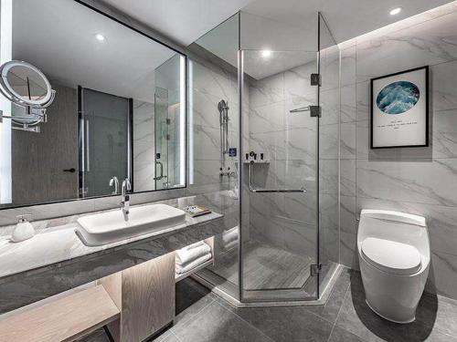 y baño con ducha, aseo y lavamanos. en Kyriad Marvelous Hotel Huizhou Boluo Yuanzhou, en Boluo
