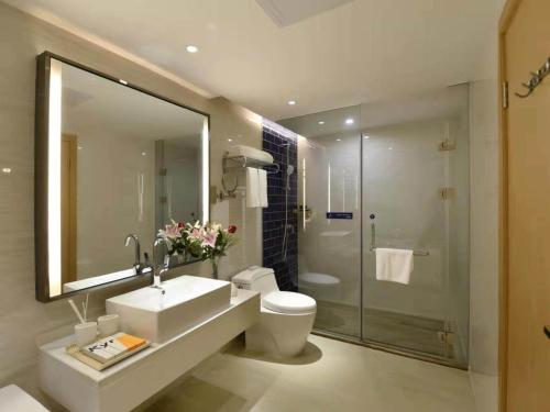 長沙的住宿－凯里亚德酒店 (长沙芙蓉广场地铁站店)，一间带水槽、卫生间和淋浴的浴室