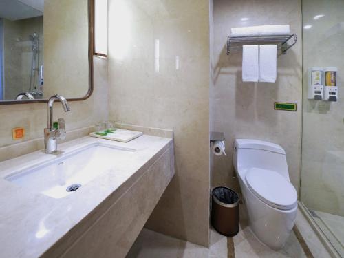 La salle de bains est pourvue d'un lavabo, de toilettes et d'un miroir. dans l'établissement Vienna International Hotel Nanjing Dongshan Headquarters, à Yangzhou