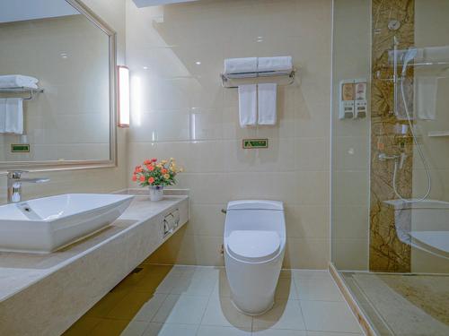 a bathroom with a toilet and a sink and a shower at Vienna International Hotel Chongqing Ranjiaba in Chongqing