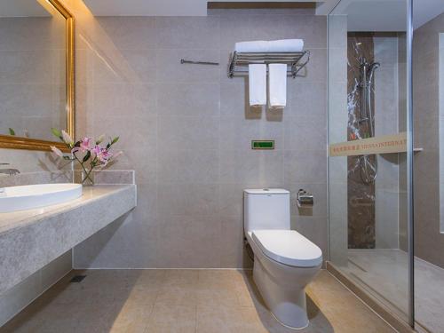 La salle de bains est pourvue de toilettes, d'un lavabo et d'une douche. dans l'établissement Vienna International Hotel ASEAN Avenue Dongxing, à Fangchenggang
