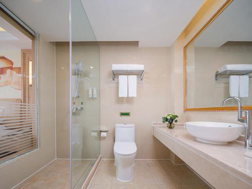 y baño con aseo, lavabo y ducha. en Vienna International Hotel Chongqing Yuanyangyuanboyuan en Chongqing
