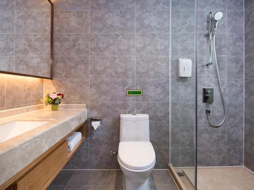 e bagno con servizi igienici, doccia e lavandino. di Vienna International Hotel Ganzhou Longnan a Longnan