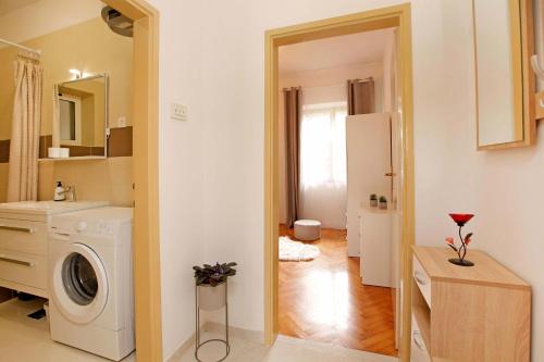 una cucina con lavatrice e asciugatrice in camera di Apartman Žuvela a Vela Luka (Vallegrande)