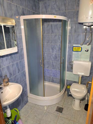 La salle de bains est pourvue d'une douche, de toilettes et d'un lavabo. dans l'établissement Apartments Ganic, à Tribunj
