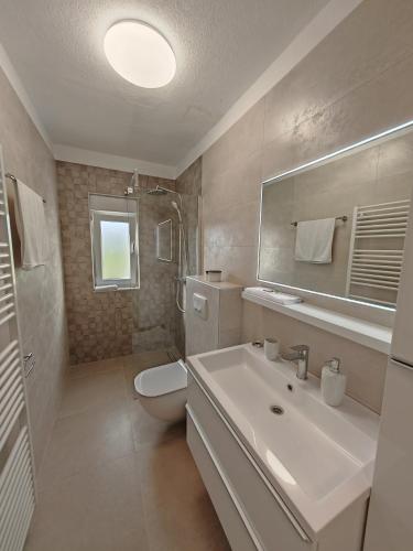 a bathroom with a sink and a toilet and a mirror at Luxury Villa Nikoma with heated pool and whirlpool in Dicmo