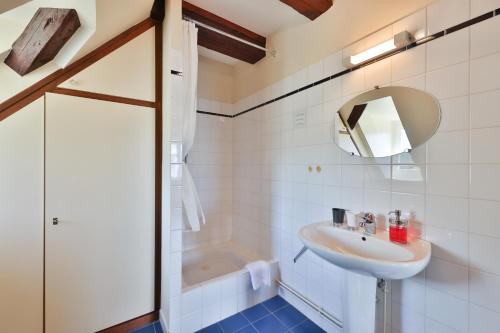 uma casa de banho com um lavatório, um espelho e uma banheira em Ancien Presbytère Albert Schweitzer em Gunsbach