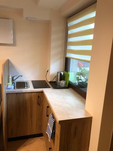 a kitchen with a counter with a sink and a window at Pokoje Gościnne in Skawina