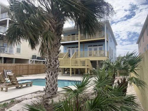 a palm tree in front of a building with a swimming pool at Sandy Fox- Walk to Beach, Private pool, Sleeps 26 in Gulf Shores