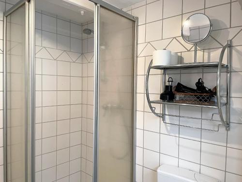 baño con ducha y espejo en un estante en Nordwind, Hafenstraße, en Wyk auf Föhr