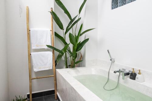 a bathroom with a bath tub and a plant at Emerald Residence Kampot in Kampot