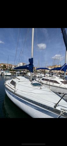 a white boat is docked in a harbor at Logement atypique in Cap d'Agde