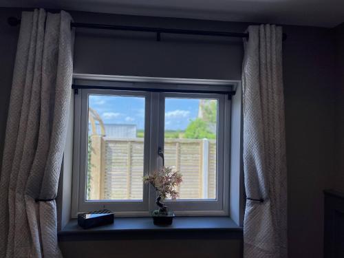 a window with a vase of flowers on a window sill at The Old Talbot Rooms Milton Keynes in Potterspury