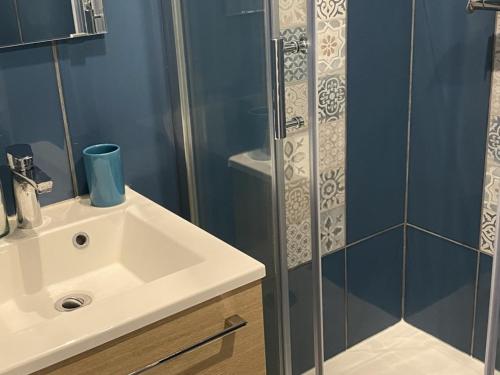 une salle de bain avec un lavabo et une douche dans l'établissement Charmant Cottage avec Jardin à Deux Pas du Port - Dives-sur-Mer - FR-1-487-279, à Dives-sur-Mer