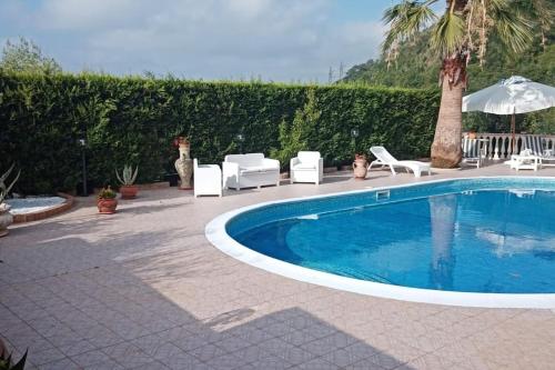 a swimming pool with two chairs and a palm tree at Casa Vacanze Villa Anna in Vibo Valentia