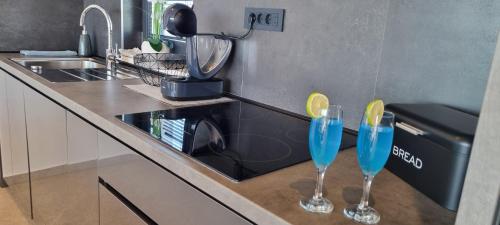 una encimera de cocina con dos vasos azules. en Dinary Apartman, en Vir