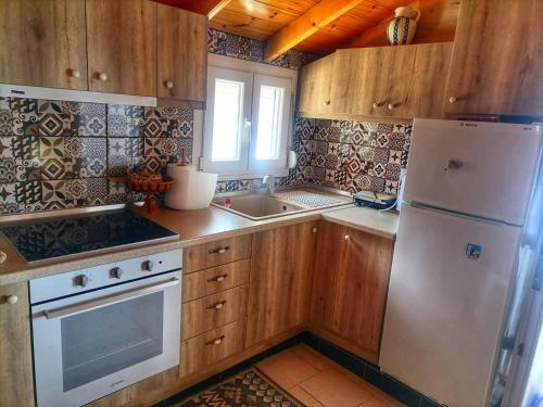 a kitchen with wooden cabinets and a white refrigerator at To Kyma in Skala Kallirakhis