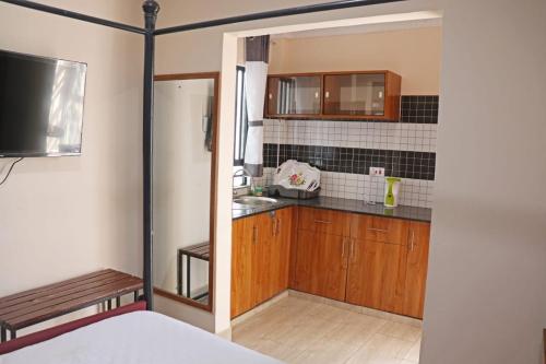 a kitchen with wooden cabinets and a sink and a tv at Humming Cage Suites studios in Nairobi