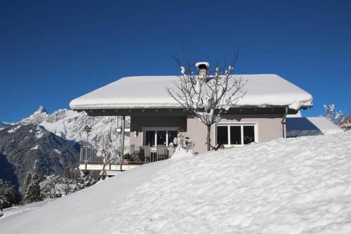 une maison au sommet d'une colline enneigée dans l'établissement Ferienwohnung Julia, à Bartholomäberg