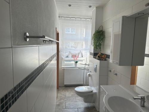 a bathroom with a toilet and a sink and a window at Ferienwohnung Hosang in Thale