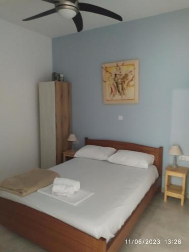- une chambre avec 2 lits et un ventilateur de plafond dans l'établissement Pefkonas apartments2 100 m from the beach, à Psakoudia