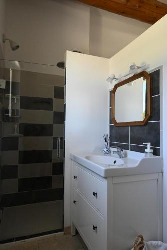 a bathroom with a sink and a shower with a mirror at Gîte Bienvenue Chez Nous in Ménerbes