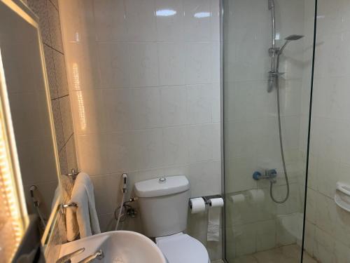 a bathroom with a shower and a toilet and a sink at Shepherd Hotel in Amman