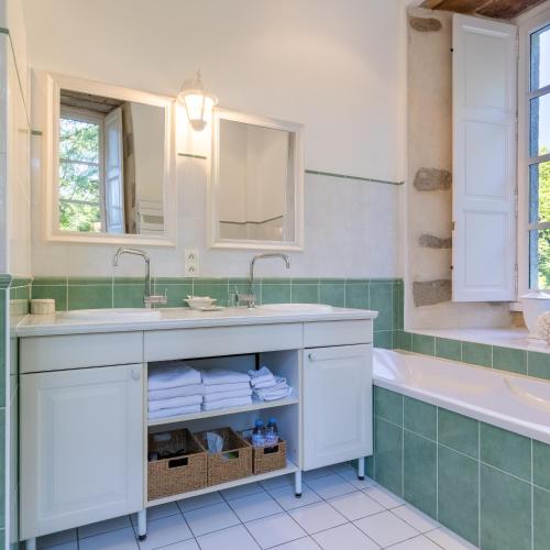 une salle de bain avec un lavabo, une baignoire et un miroir dans l'établissement Château de la Marronnière, à Aizenay