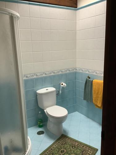 uma casa de banho com um WC branco e azulejos azuis em The living mountain 