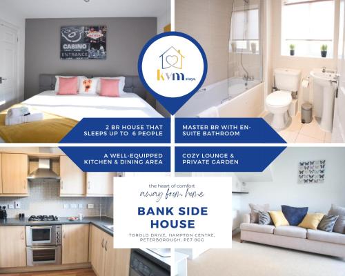 a collage of photos of a bedroom and a bathroom at Bank Side House by KVM Stays in Peterborough