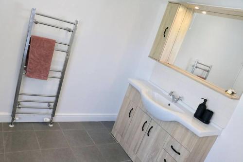 a bathroom with a sink and a mirror at Bumblebee cottage Exmouth in Exmouth