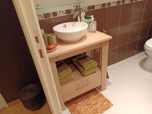 łazienka z umywalką i blatem z ręcznikami w obiekcie La maison des roses w mieście Chadrac