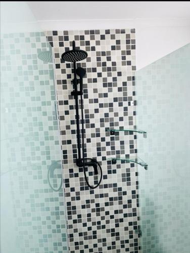 a shower in a bathroom with checkered tiles at Comfy Zone Apartment in Gaborone