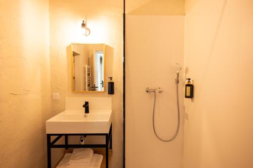 a bathroom with a sink and a shower with a mirror at Hôtel La Prison in Béziers