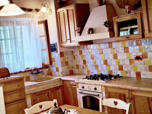 a kitchen with wooden cabinets and a stove top oven at La Casetta Nel Borgo in Castelnuovo di Val di Cecina