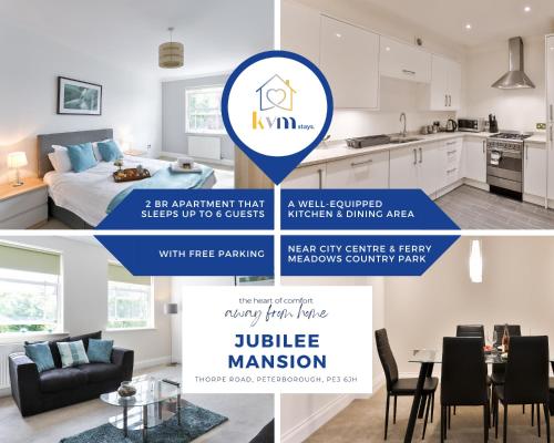 a collage of photos of a kitchen and a living room at KVM - Jubilee Mansions Apartment by KVM Stays in Peterborough