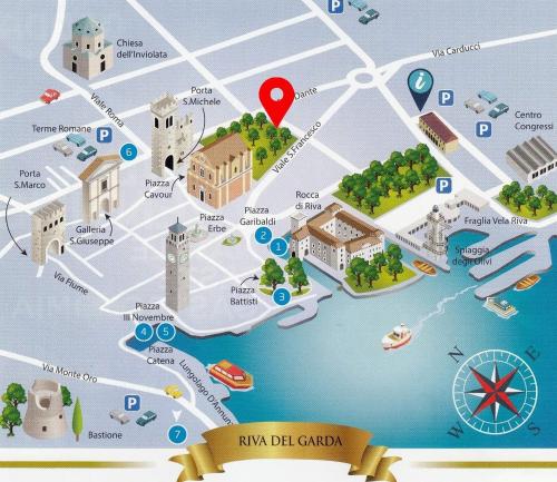 a map of the city of dubrovnik with a marker at Hotel Giardino Verdi in Riva del Garda