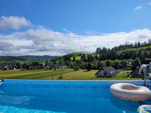 a swimming pool with a view of a mountain at Domki Cztery Pory Roku in Łapsze Niżne